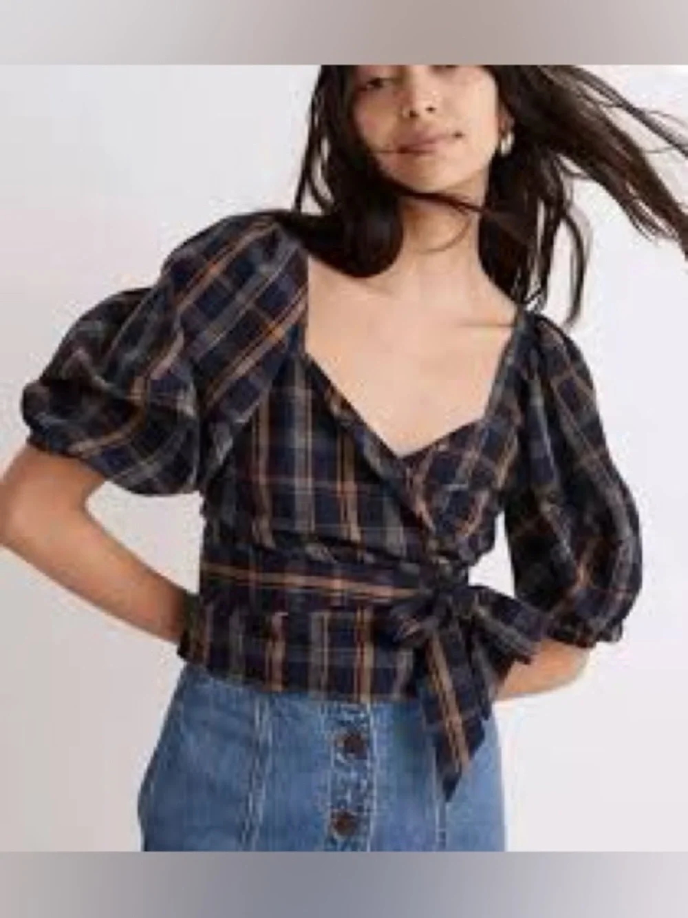 Madewell Navy and Tan Plaid Wrap Blouse with Puff Sleeves